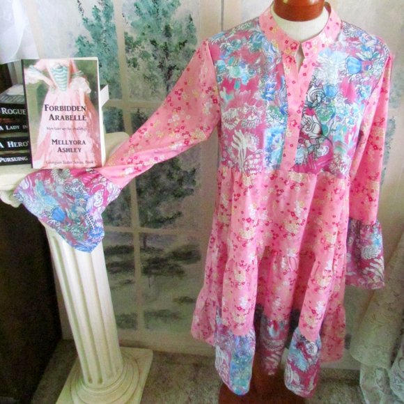 MATERNITY DRESS, M, NWT, BOHO PINK & BLUE FLORAL TIERED COMFORTABLE MIDI - Picture 2 of 8